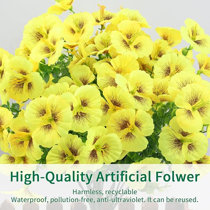 12 Bundles Artificial Pansy Flowers for Outdoor, Faux Silk Pansies Spring Flowers Outside for Planter Front Door Porch Patio Yard Window Box Home Decor (Yellow)
