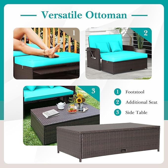 Nightcore Wicker Patio Outdoor Daybed, Outdoor Chaise Lounger w/ 4-Level Adjustable Backrest, Retractable Side Trays, Storage Ottoman, Comfortable & Removable Cushions, Rattan Loveseat (Turquoise)