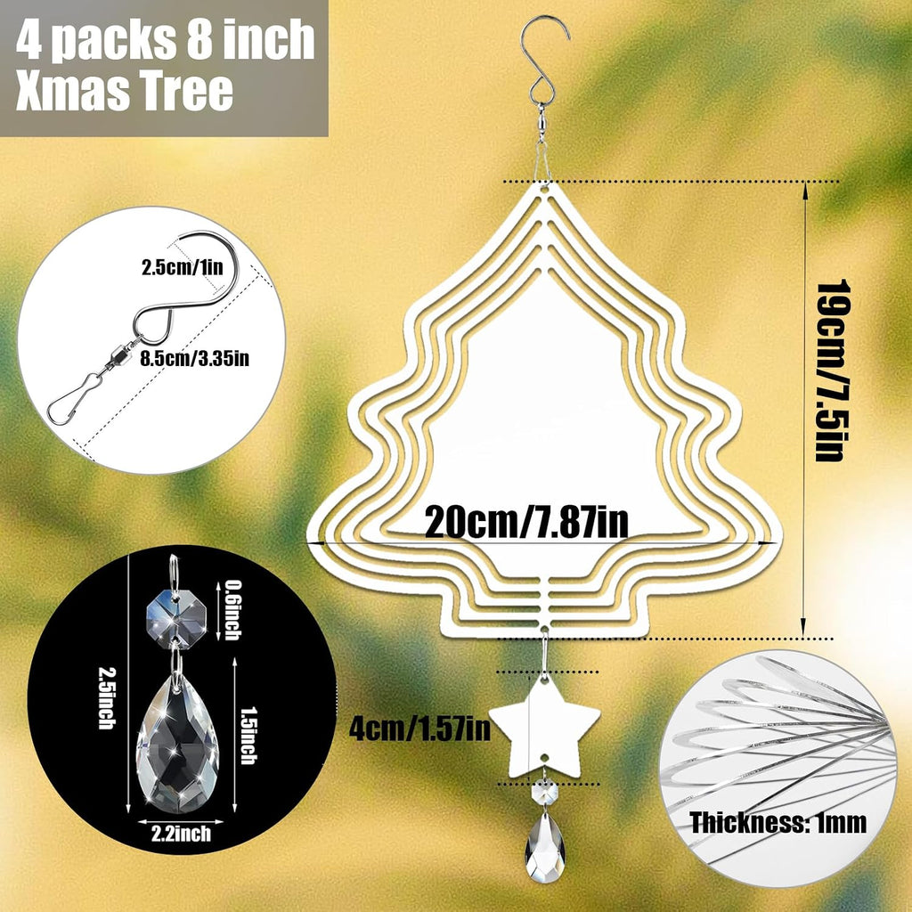 4Pack 8inch Sublimation Wind Spinner Blanks 3D Aluminum Metal Wind Sculpture Kinetic Spinners for Yard and Garden Indoor Art Sublimation Christmas Ornament Hanging Decoration (Xmas Tree)