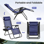 2-Pack Zero Gravity Lounge Chair Recliners - Adjustable Steel Frame with Removable Headrests & Cup/Phone/Tablet Trays - 330LBS Capacity - Navy Blue