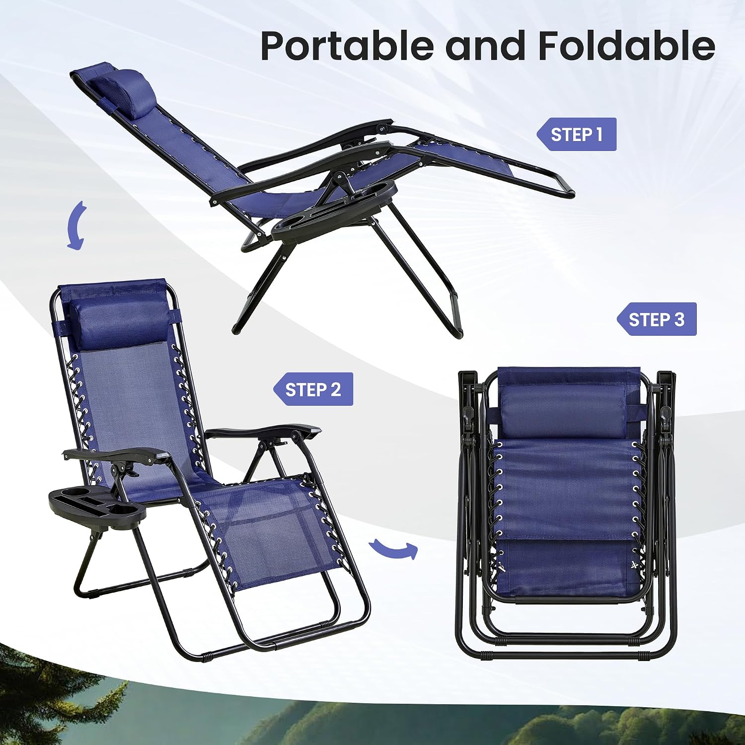 2-Pack Zero Gravity Lounge Chair Recliners - Adjustable Steel Frame with Removable Headrests & Cup/Phone/Tablet Trays - 330LBS Capacity - Navy Blue