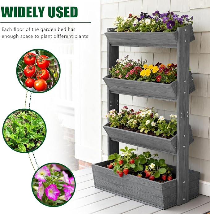 SUNYRISY 4 Tiers Vertical Raised Garden Bed Outdoor Planter Tower, Wooden Freestanding Planter Box for Planting Herbs Flowers Vegetables Patio Balcony Indoor Outdoor Gardening, Grey