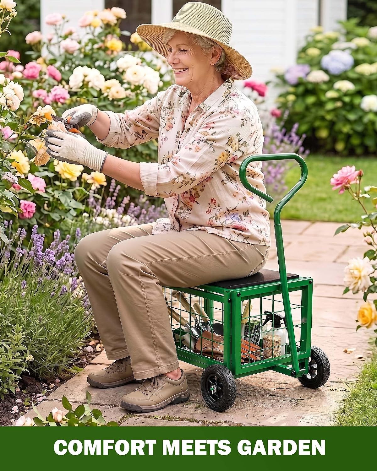 hulisen garden cart with detachable seat, rolling garden shown in use