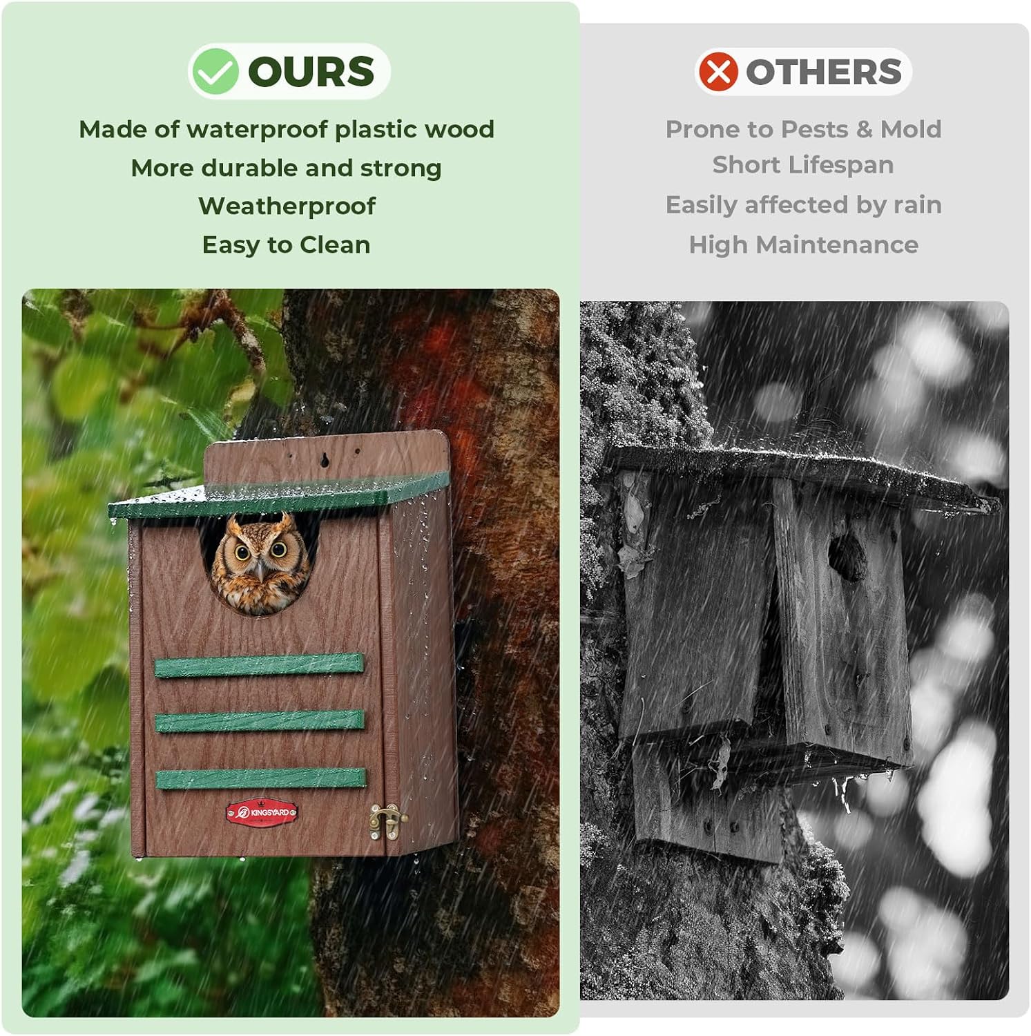Kingsyard Large Recycled Plastic Wooden Owl House, Waterproof Screech Owl Bird Boxes for Outside, Owl Nesting Box Kit with Screws Ideal for Wildlife, Elf, Pygmy, Garden, Air Ventilation. Green