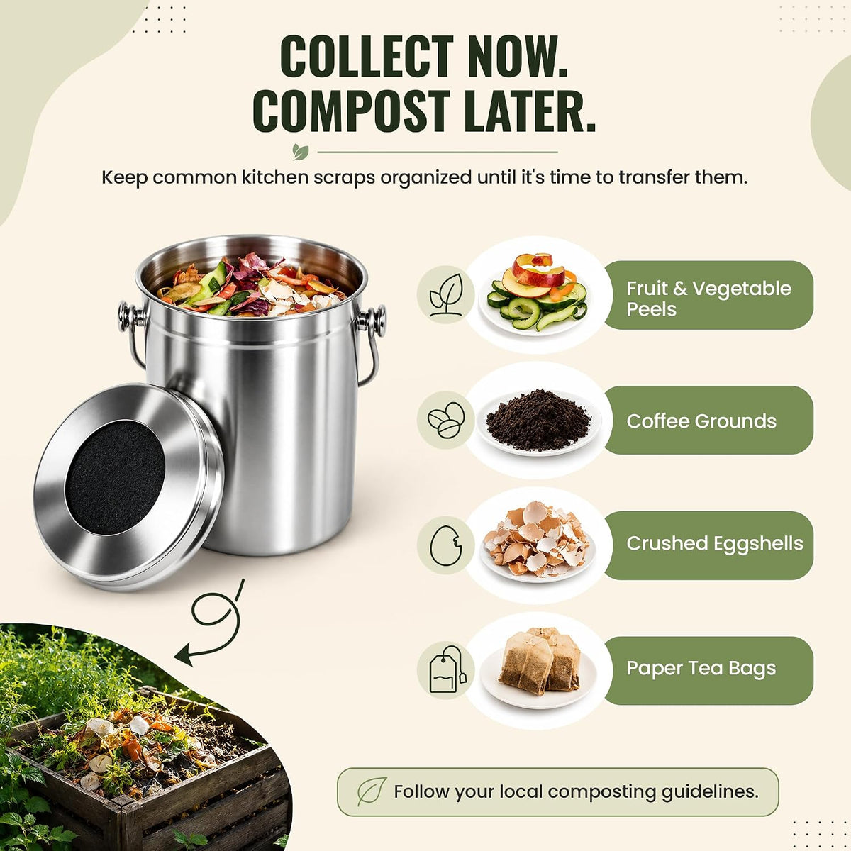 epica kitchen compost bin for kitchen countertops, 1.3 showing dimensions