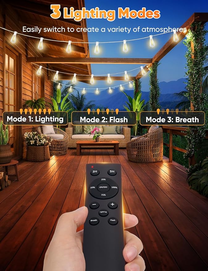 Brightever 100FT Outdoor String Lights with Remote, Dimmable LED Patio Lights with 32 ST38 Shatterproof Vintage Bulbs, 2700K Warm White 3 Modes 2 Timer Outside Light for Yard, Deck, Cafe, White