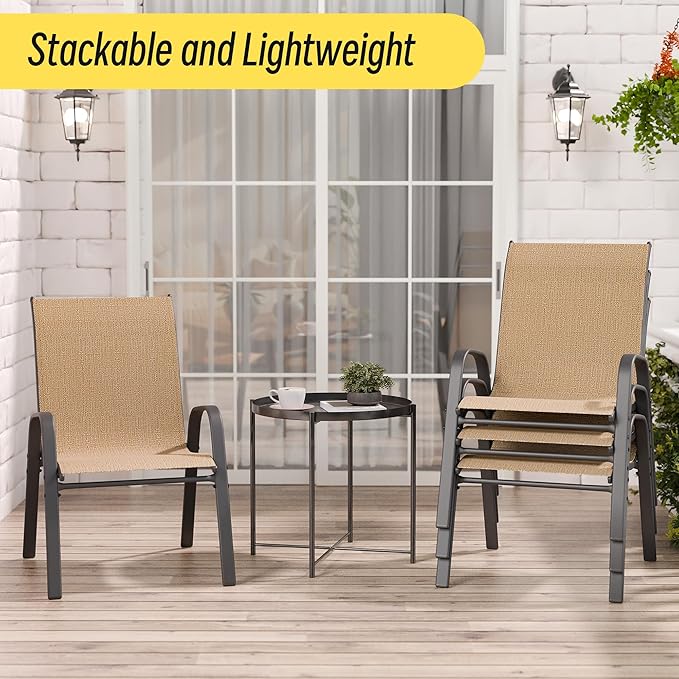 Betterhood Patio Chairs Set of 6, Stackable Outdoor Dining Chairs Set with Breathable Seat Fabric, All-Weather Powder-Coated Metal Frame for Deck, Pool Side and Backyard, 350LBS Capacity (Khaki)