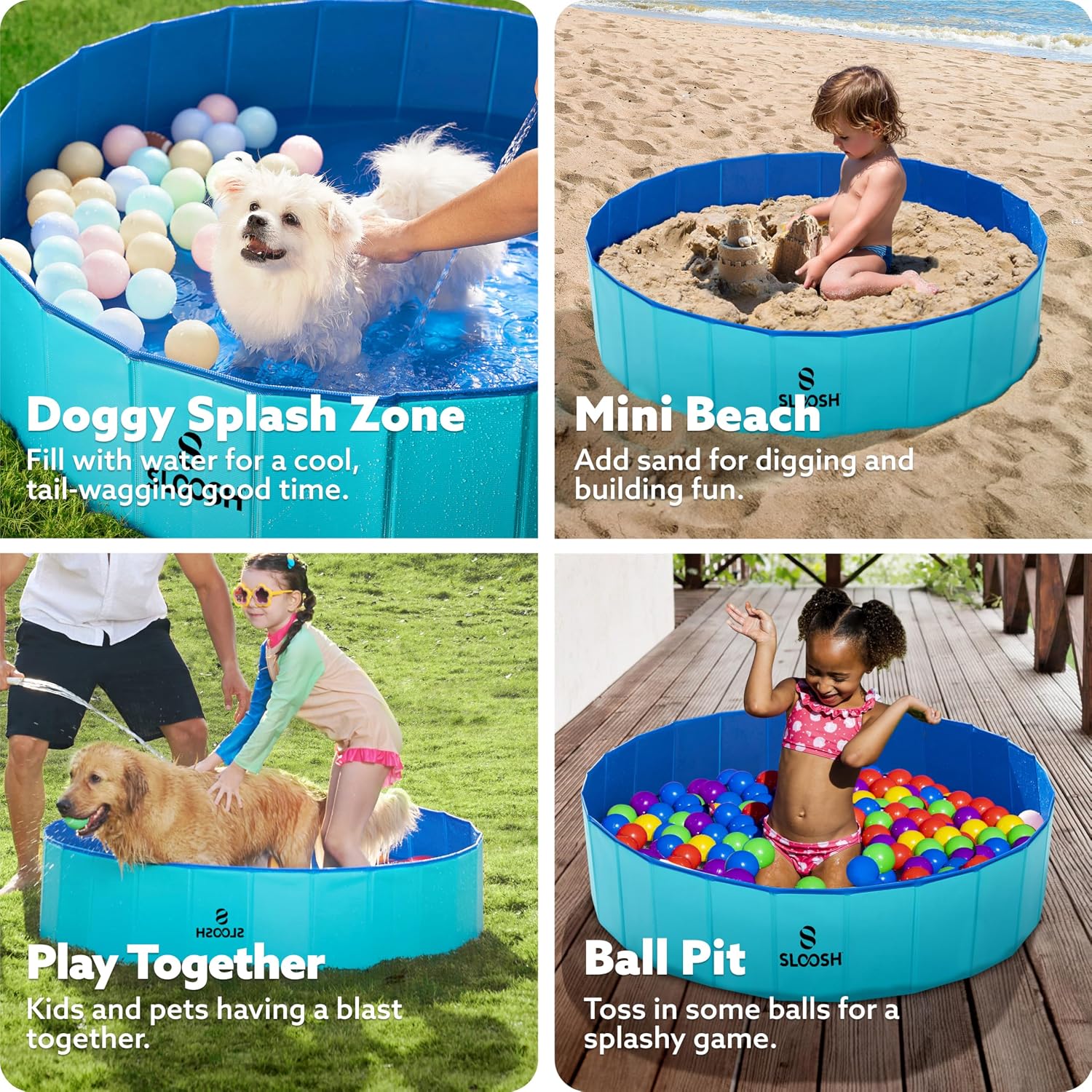 SLOOSH Foldable Dog Kiddie Pool - Portable Hard Plastic Doggie Swimming Pool, Anti-Slip Collapsible Pets Bath Tub Suitable for Kids Indoor Outdoor Backyard Use (Blue, 48" x 12") (Pack of 2)