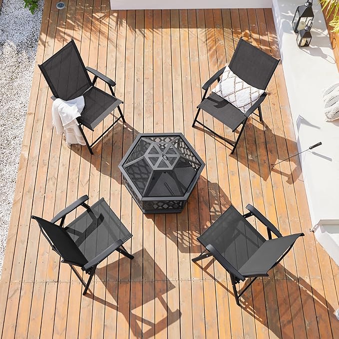 Yaheetech Patio Dining Chairs Set of 2 with Armrests, Outdoor Folding Chairs with Metal Frame and Backrest for Lawn, Garden, Yard and Poolside, Black