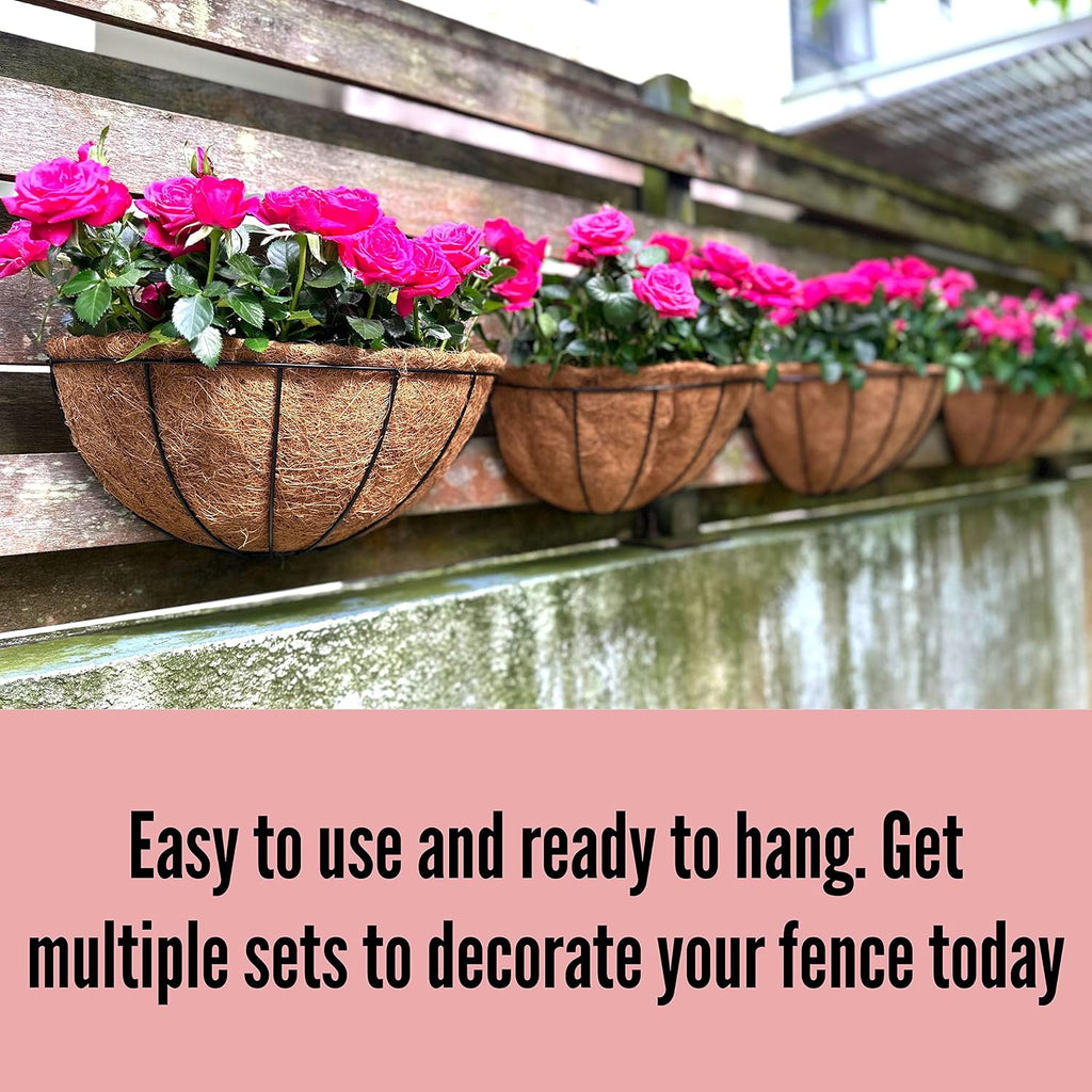 LaLaGreen Wall Hanging Planters (12 Inch, 2 Pack) Wall Mounted Flower Baskets with Coco Liner, Metal Iron Wire Plant Holder for Outdoor Window Box Herb Outside Fence Railing Deck Porch Balcony Garden