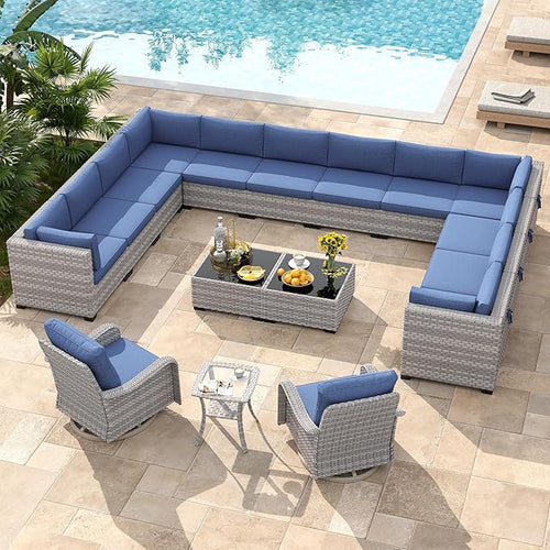 14-Seat Modern Patio Furniture Set with Swivel Rocking Chairs, Thick 4″ Cushions, Dual-Strand Wicker Rattan, Rust-Resistant Steel Frame – Outdoor Conversation & Modular Sectional,Navy