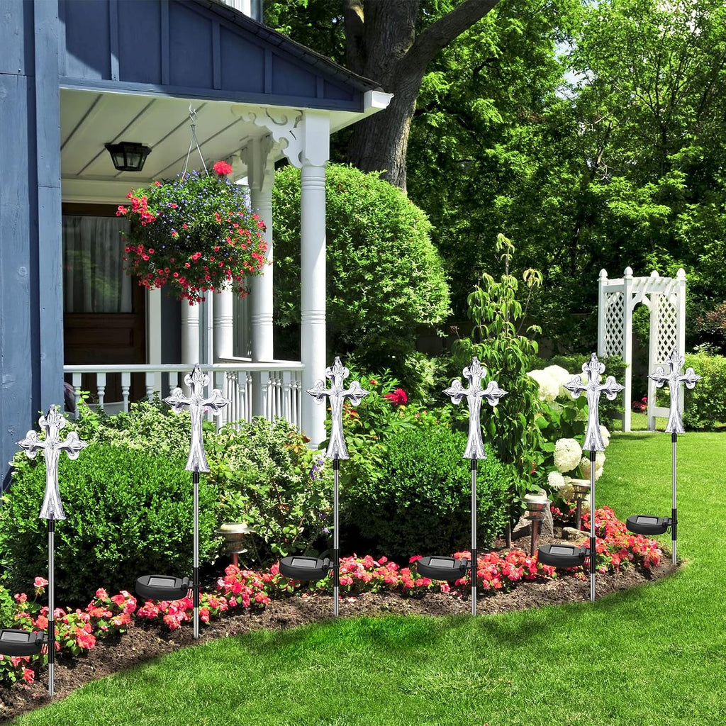 Riakrum 4 Piece Solar Cross for Cemetery Grave Grave Crosses for Cemetery Memorial Stake Solar Lights Waterproof Outdoor Garden Stake Cemetery Cross for Grave Yard Decorations, 16 Inches Long