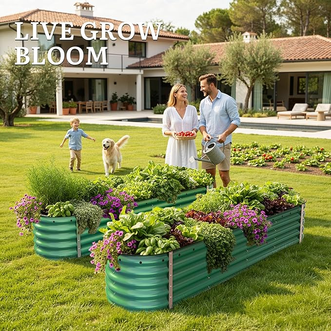 YITAHOME 17" Tall 9 in 1 Large Raised Garden Bed Kit, 8x2x1.4ft Galvanized Metal Planter Box with Gloves & Safety Rubber, Outdoor Above Ground Planters for Plants Vegetables Flowers, Green