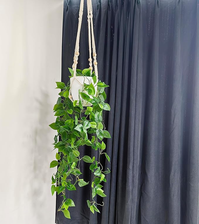 Comtelek 2 Packs Fake Hanging Plant with Pots for Home Decor Artificial Hanging Basket Plants Macrame Plant Hanger with Faux Vines Greenery for Bedroom Bathroom Room Wall Boho Decor Indoor Outdoor