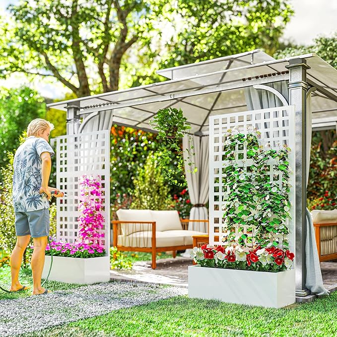 Outsunny Galvanized Raised Garden Bed with Trellis, Metal Planter Box with Drainage Holes, Outdoor Privacy Screen for Climbing Plants, Vegetable, Vines, 35" x 16" x 70", 2 Pack, White