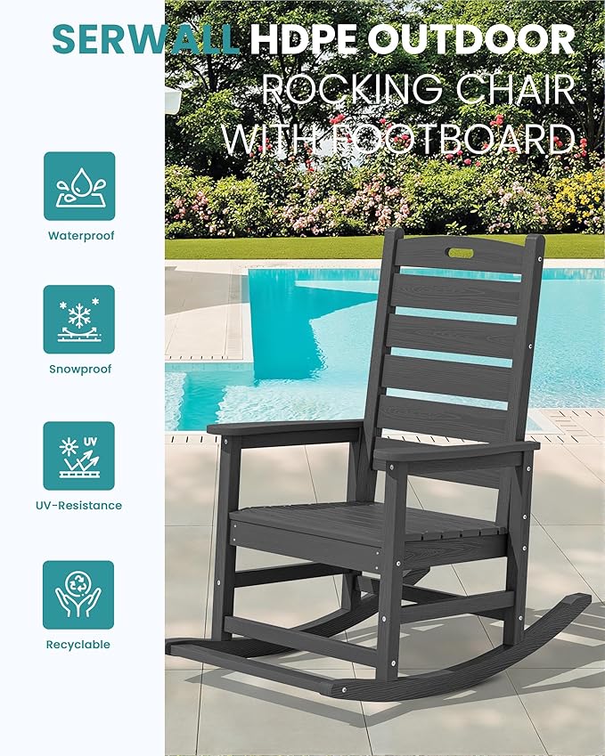 SERWALL Outdoor Rocking Chair Set of 4, Oversized HDPE Patio Rocking Chair with Footrest for Adults, All Weather Porch Rocker for Deck Patio Balcony, Gray