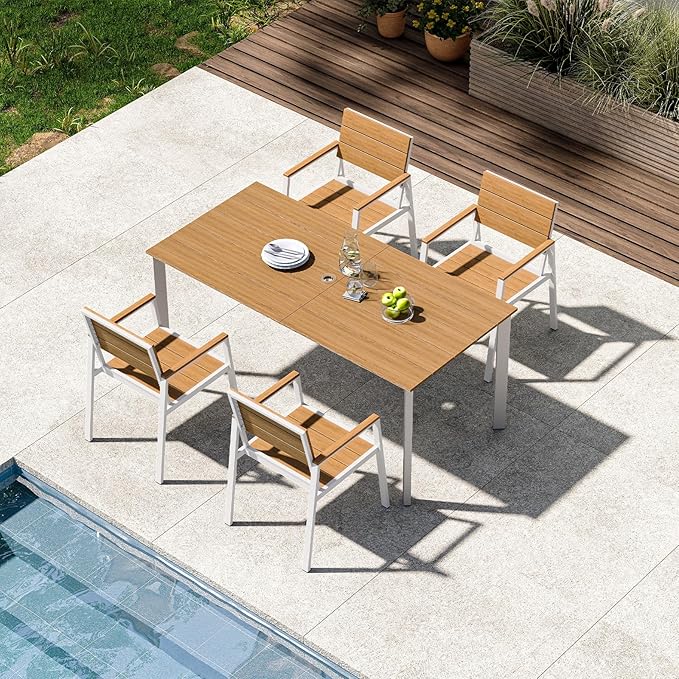 Outdoor Patio Dining Set, Aluminum & HDPS 5 Piece Outdoor Table and Chairs Set with Umbrella Hole, Modren Rectangular Patio Furniture Set with All-Weather Table and 4 Chairs (White & Teak)