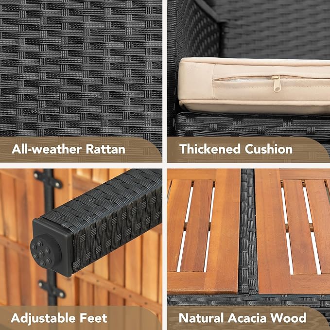 Devoko Outdoor Patio Dining Sets 9 Pieces Wicker Outdoor Dining Table and Chairs Set with Acacia Wood Table Top and Widened Armrests for Backyard, Garden, Deck (Black)