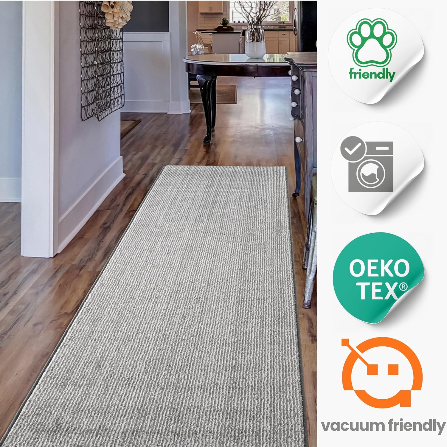 20 ft Extra Long Grey Hallway Runner Rug – Non-Slip, Washable, Dog-Friendly Carpet with Durable Rubber Backing – Modern Subtle Striped – Custom Size
