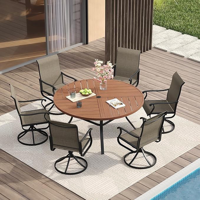 VICLLAX Round Patio Table with Adjustable Umbrella Hole for 6, All Weather Metal Outdoor Dining Table for Lawn Garden, 50" Outdoor Coffee Table, Walnut Wood-Like Tabletop