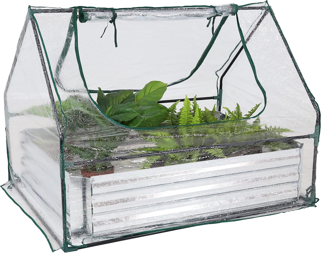 sunnydaze steel raised garden bed with mini greenhouse, main product view