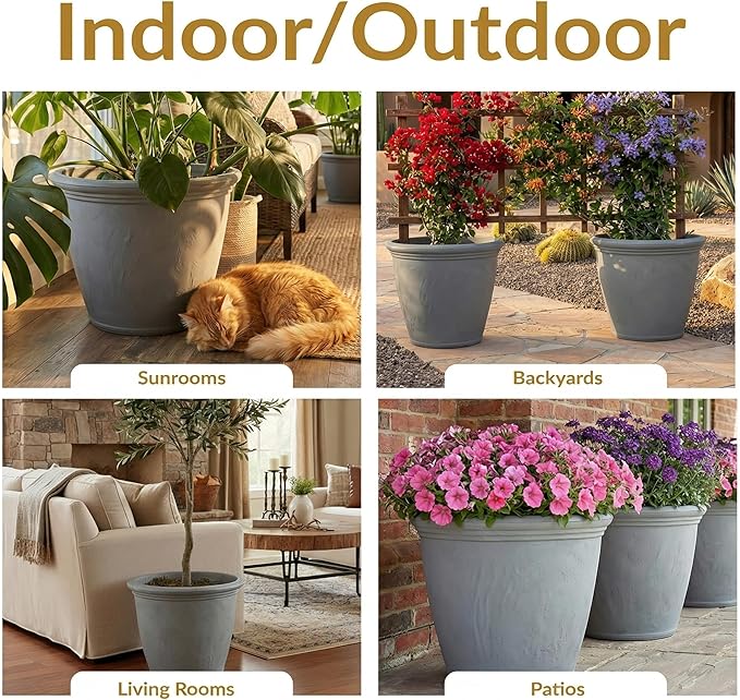 Sunnydaze 24-Inch Anjelica Large Plastic Pot for Plants - Outdoor Double-Walled Large Plastic Planter with Drillable Drainage Holes - Light Gray - 4pk