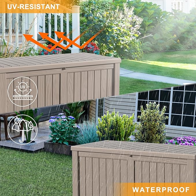 DRATO 120 Gallon Large Deck Box, Outdoor Storage Box for Patio Furniture, Patio Cushions, Gardening Tools, Pool Supplies,660lbs Weight Capacity,Waterproof Resin Storage Boxes（Gray，120 Gallon）