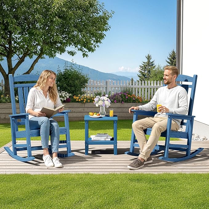 SERWALL Rocking Chairs Set of 4, HDPE Outdoor Rocking Chair, All-Weather Porch Rockers for Patio, Blue