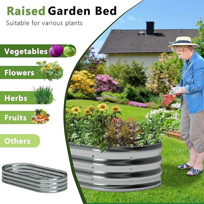 4x2x1ft(2 Pack) Galvanized Oval Raised Garden Bed,Outdoor Planter Box Metal Patio Kit Planting Bed for Vegetables Flowers Herb,Silver