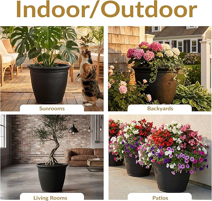 Sunnydaze 20-Inch Anjelica Large Plastic Pot for Plants - Outdoor Double-Walled Large Plastic Planter with Drillable Drainage Holes - Matte Black - 2pk