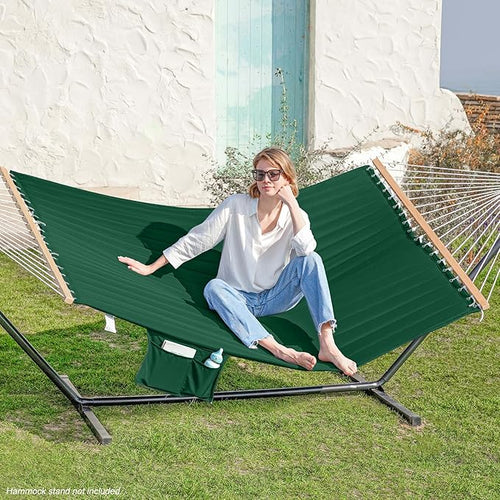 2 Person Hammocks for Outside, Double Quilted Fabric Outdoor Hammock with Spreader Bar, Large Removable Pillow, Storage Pockets, Carabiners, Max 475 lbs Capacity (Night Green)