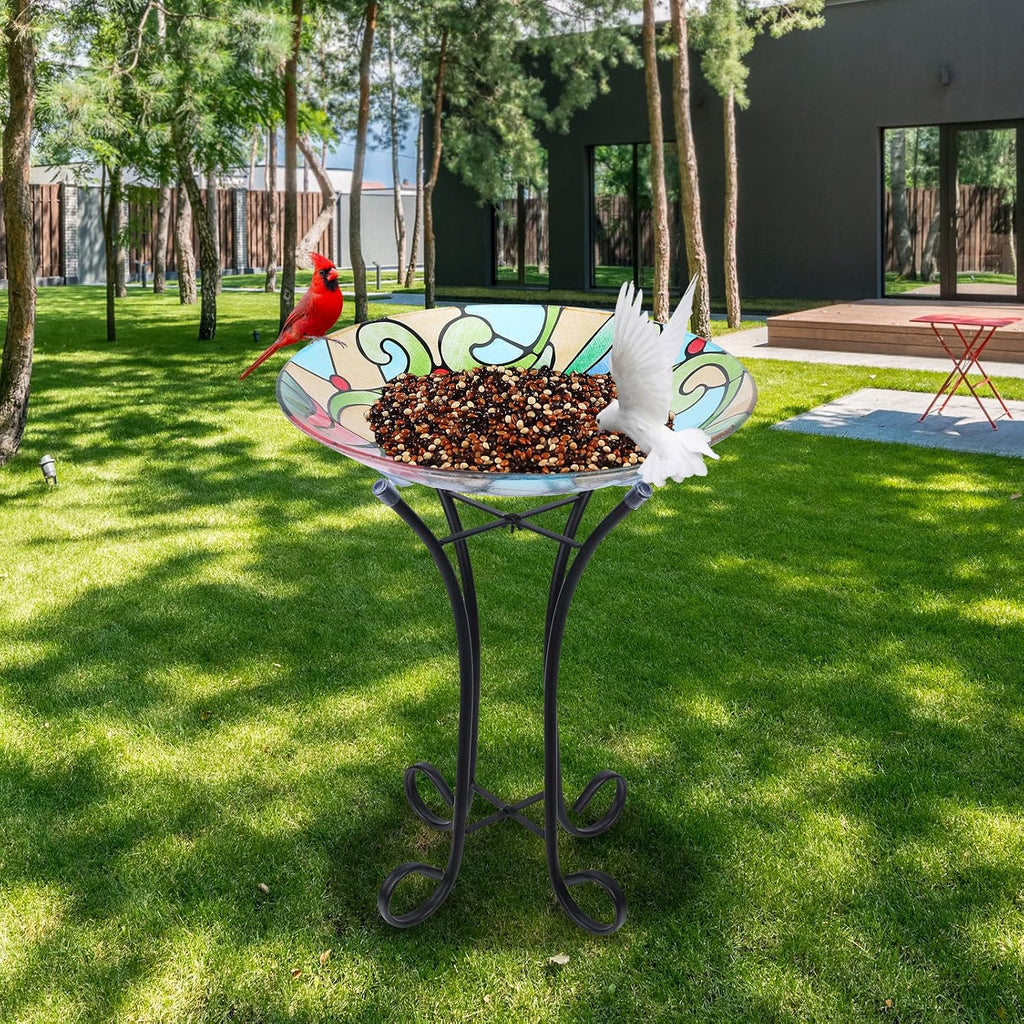 MUMTOP Glass Bird Bath Outdoor with Metal Stand, Garden Feeder, Hummingbird | Glass Large Bird Baths Bowl with Metal Stand for Outdoors, Hummingbird Patterns Bird Feeder for Outside Garden, Patio Decor