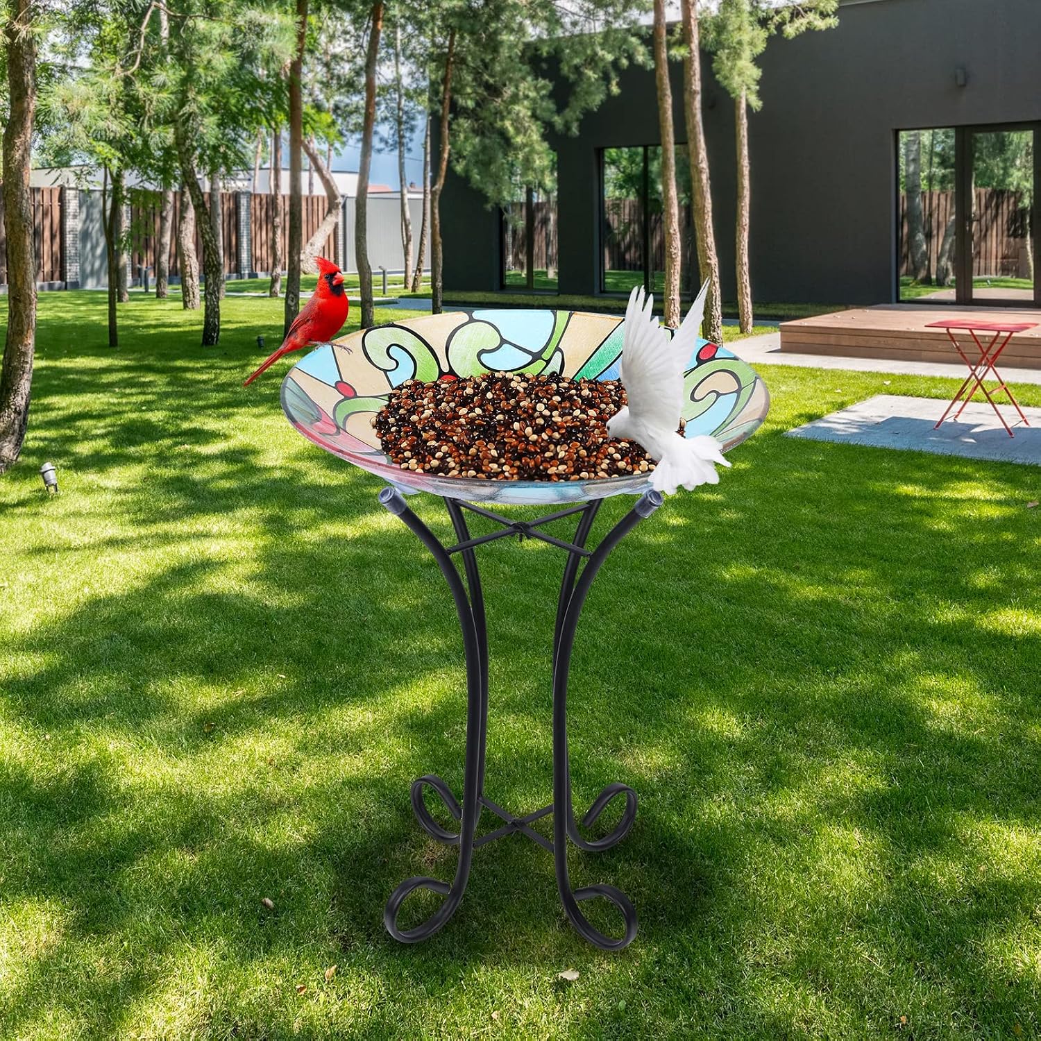 MUMTOP Glass Bird Bath Outdoor with Metal Stand, Garden Feeder, Hummingbird | Glass Large Bird Baths Bowl with Metal Stand for Outdoors, Hummingbird Patterns Bird Feeder for Outside Garden, Patio Decor