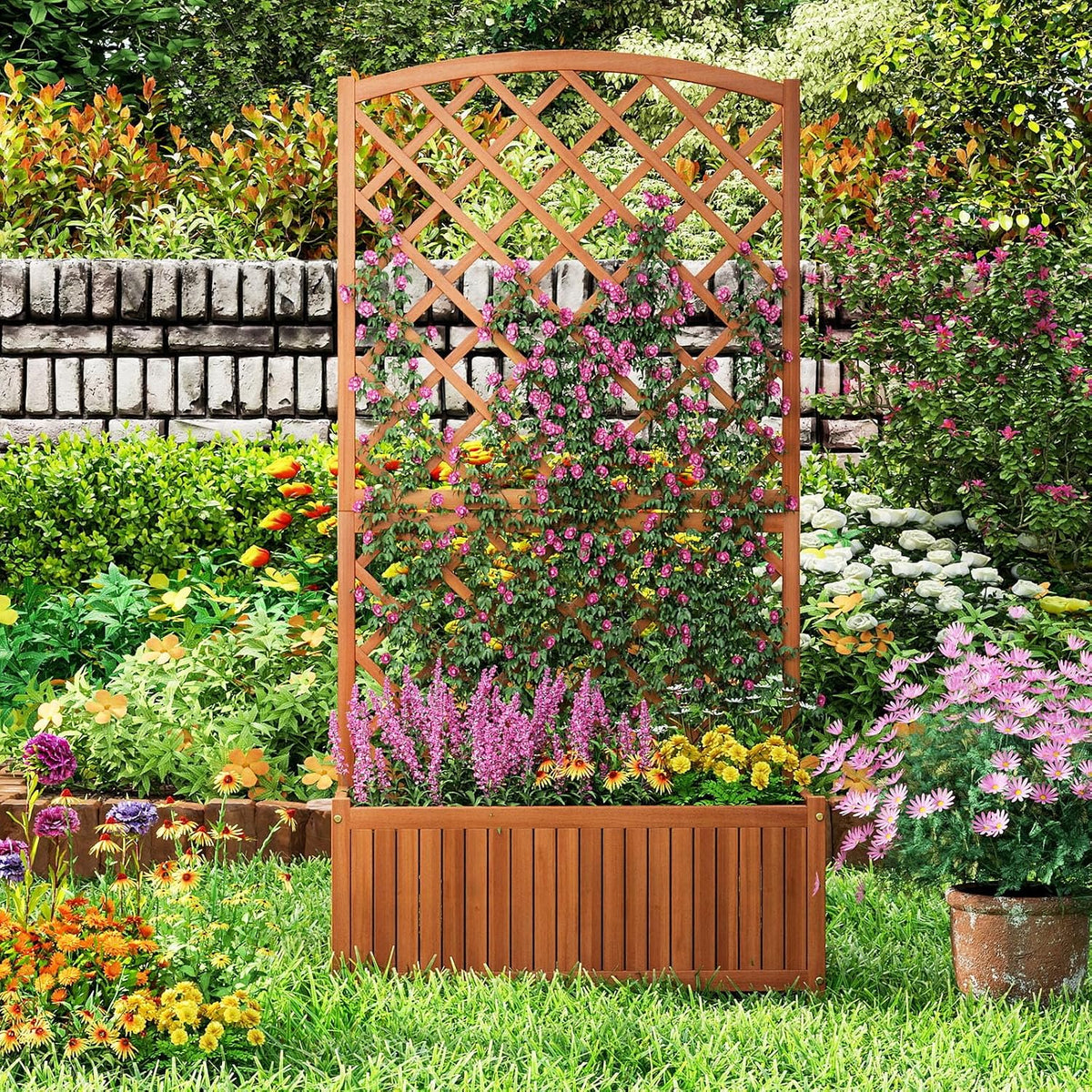 giantex solid acacia wood planter box with trellis, close-up detail