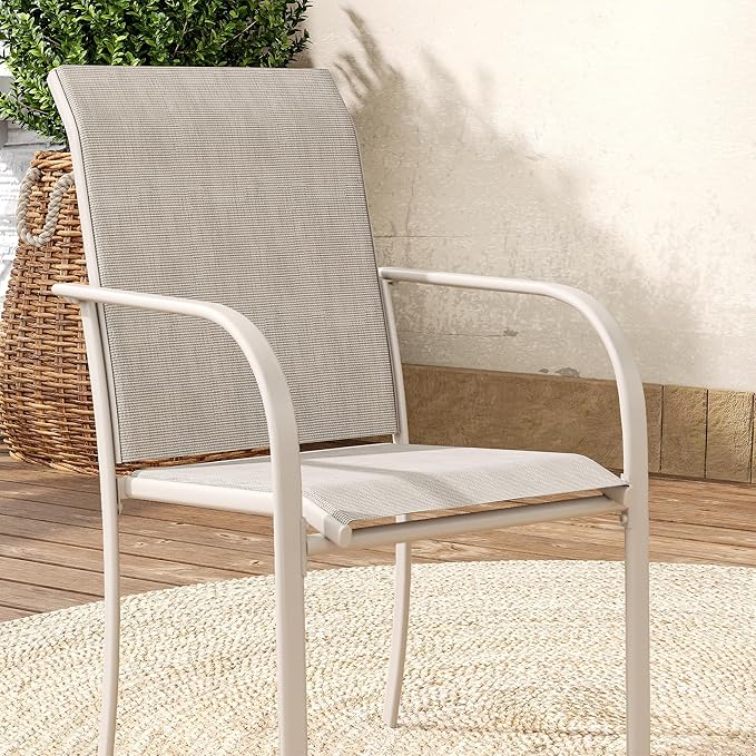 VICLLAX 5 Pieces Patio Dining Set, Outdoor Furniture Set Includes 37.8" Square Outdoor Table and 4 Stackable Patio Sling Chairs, Grey Wood-Like Tabletop and Sandshell Color Fabric