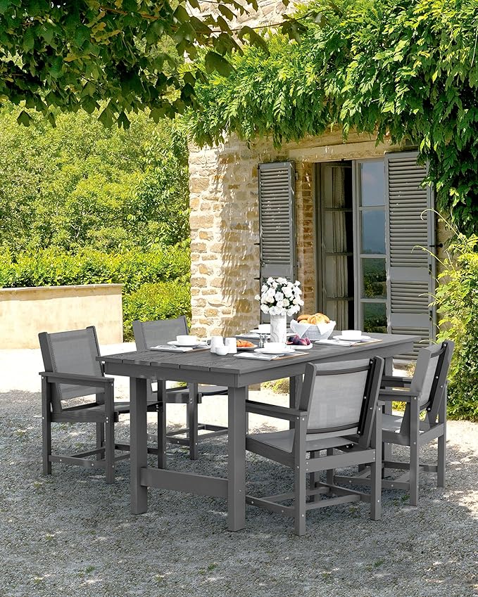 SERWALL 5 Piece Patio Dining Sets, Outdoor HDPE Dining Furniture Set with Umbrella Hole Cut-Out Table and 4 Woven Chairs, Gray