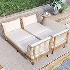 Tangkula Patio Rattan Daybed Set of 2, Boho Outdoor Wicker Lounge Sofa with Seat & Back Cushions, 2-Seat Bench Sun Lounger Chair with Robust Metal Legs for Deck, Backyard, Porch, Poolside (Off White)