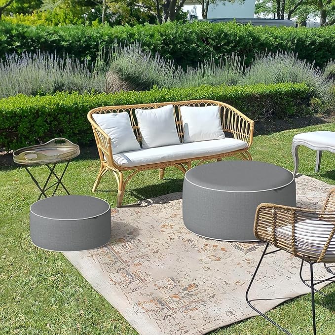 LVTXIII Outdoor/Indoor Inflatable Ottoman, 21"x21"x9" Patio Footrest Stool, Portable Round Pouf Ottoman for Patio Garden, Camping or Home Decoration, Grey Textured
