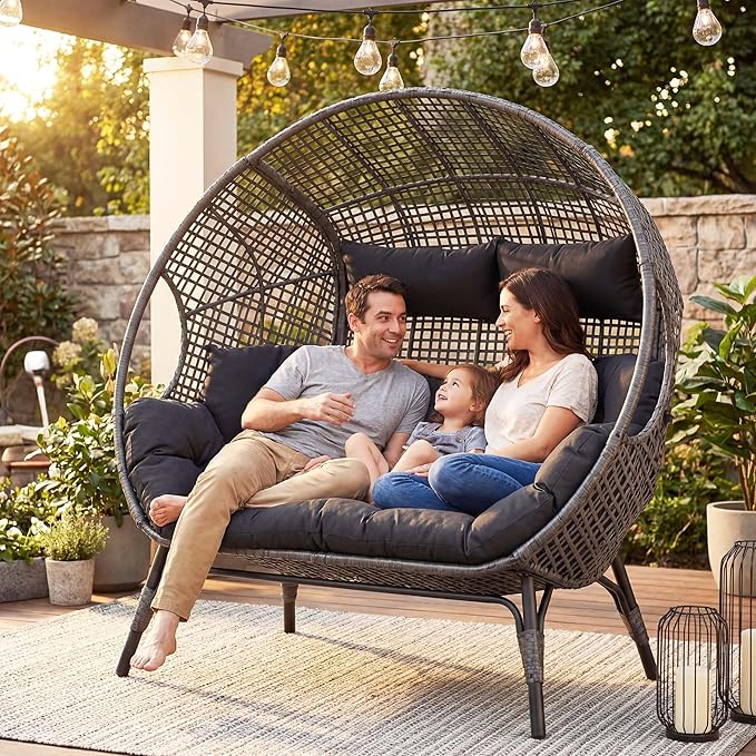NICESOUL® Double Egg Chair Indoor Outdoor Stationary Oversized 6.5" Thick Padded Cushions,2 Person Wicker Egg Loveseat Chair,680 lbs Extra Wide Lounge Chair for Patio Balcony Porch Gray with Cover