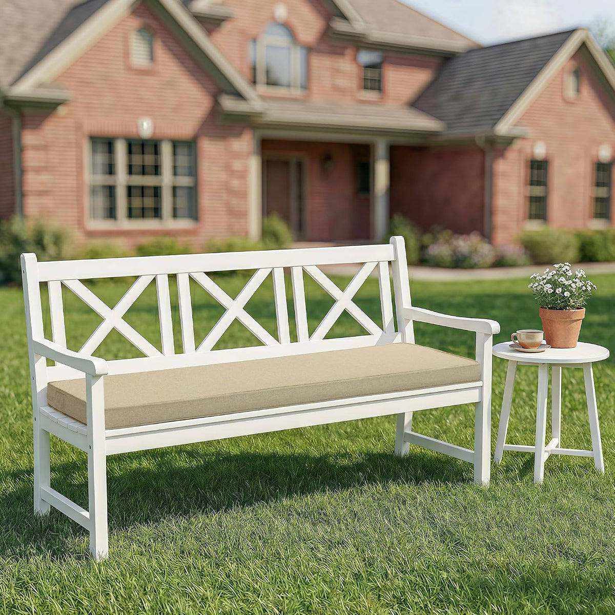 outdoor bench cushion, water-resistant & fade-resistant, porch swing shown in use