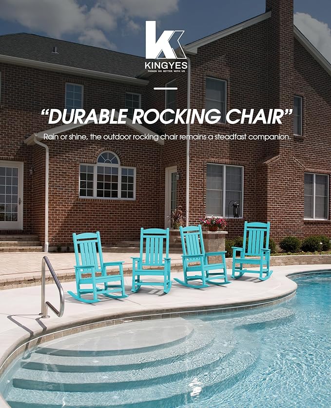 KINGYES HDPE Outdoor Rocking Chair Set of 4, All-Weather Poly Patio Rocking Chairs with 330lbs Support for Adults, Aruba Blue