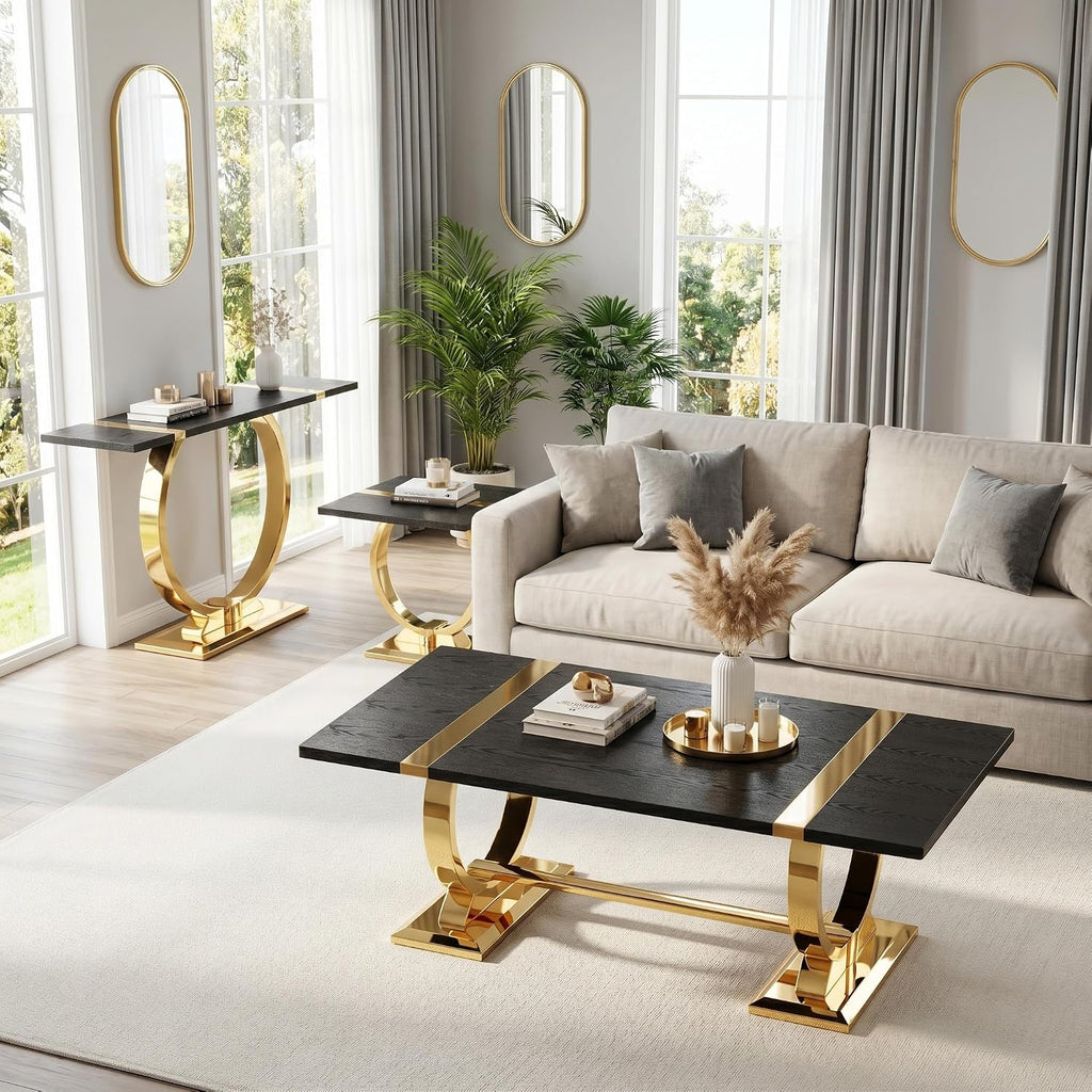 Asday 23” Black and Gold End Table, Modern Square Wood Side Table with Polihsed Metal U-Base for Living Room Bedroom Office, Small Places, Apartment