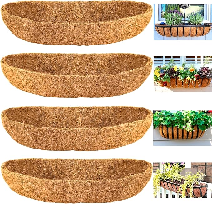 Coco Liners for Planters - 4 Pack 30 Inch Trough Coconut Liners for Planters, Window Box Coco Liners, 100% Natural Coconut Fiber Liners for Wall Hanging Basket, Window Box, Fence Baskets