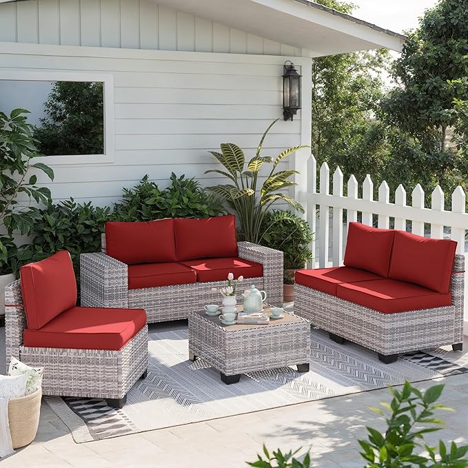12-Piece Outdoor Patio Furniture Set Wicker Sectional Sofa Set, Patio Conversation Set with Thickened Cushions & Coffee Table for Garden, Backyard, Poolside, Red