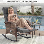 3 Pieces Zero Gravity Wicker Patio Rocking Recliner Chairs Set of 2 - Wicker Outdoor Lounge Chair with Side Table, Adjustable Backrest & Footrest, High Back Outdoor Recliner Chair for Pool Deck Gray
