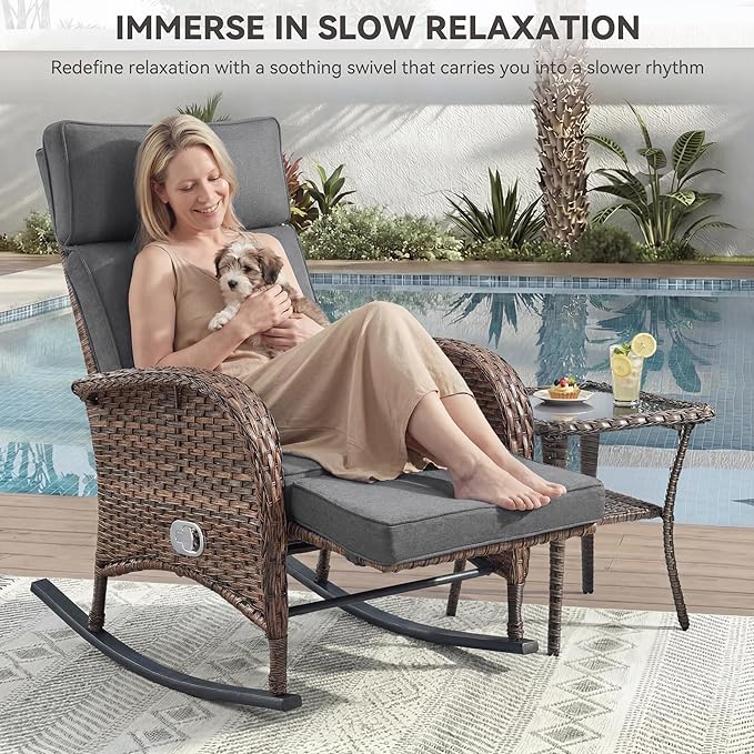 3 Pieces Zero Gravity Wicker Patio Rocking Recliner Chairs Set of 2 - Wicker Outdoor Lounge Chair with Side Table, Adjustable Backrest & Footrest, High Back Outdoor Recliner Chair for Pool Deck Gray