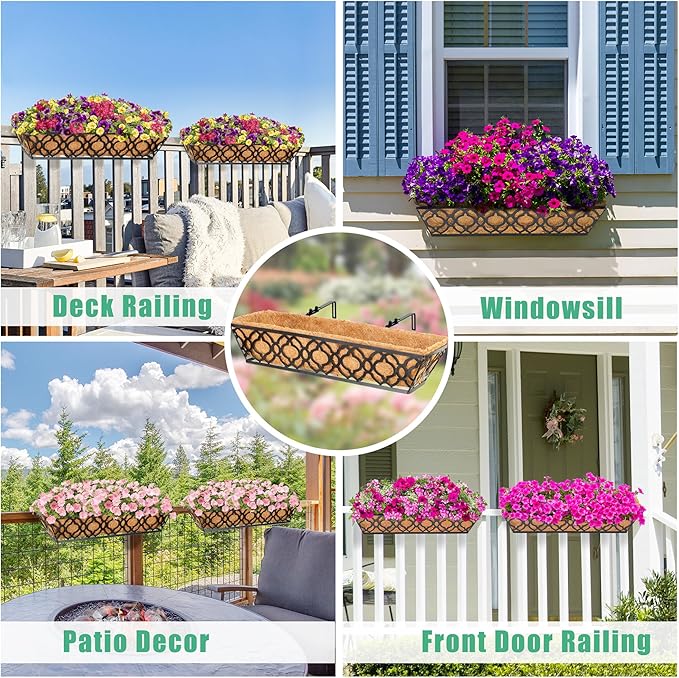 2pcs 24 Inch Window Deck with Coco Liner, 24" Window Boxes Horse Trough with Coconut Coir Liner, Metal Hanging Flower Planter Window Basket Deck Railing Planter Boxes for Outdoor Indoor Lawn