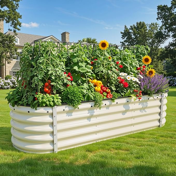 YITAHOME 17" Tall 6 in 1 Large Raised Garden Bed Kit, 6.5x2x1.4ft Galvanized Metal Planter Box with Gloves & Safety Rubber, Outdoor Above Ground Planters for Plants Vegetables Flowers, Cream Yellow
