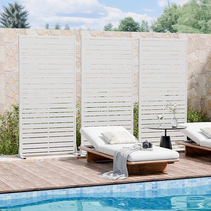Casaphoria Metal Privacy Screen Outdoor, 72" H x 35" W Freestanding Decorative Privacy Screen for Patio Deck Balcony Garden with Stable Base, White-Benjamin