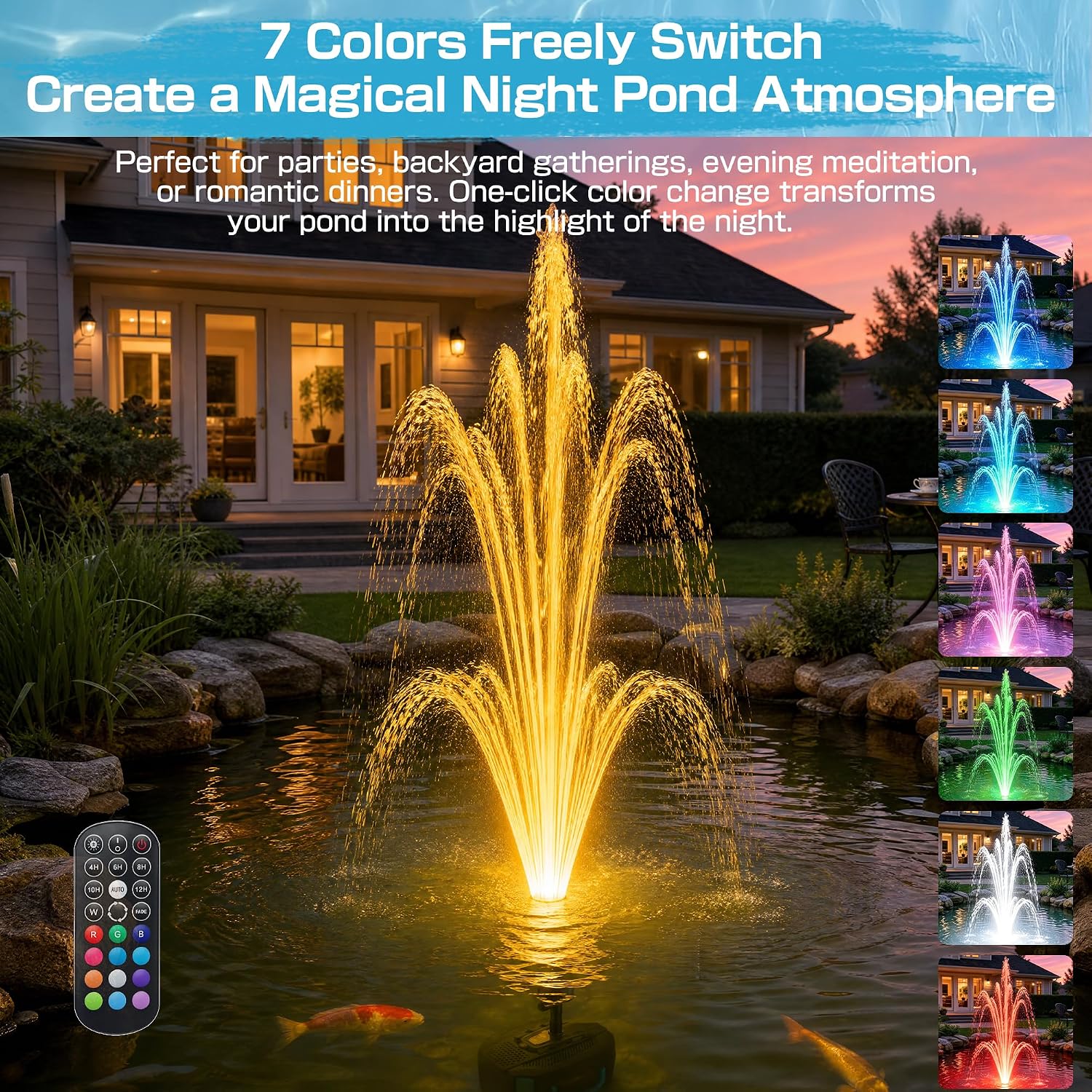 850GPH All-in-1 Pond Pump for Pond 100 to 750 Gallons | Built in U - V Light & Colorful LED, Submersible Fountain Pump for Koi Ponds, Waterfall & Water Features to Clean Green Water